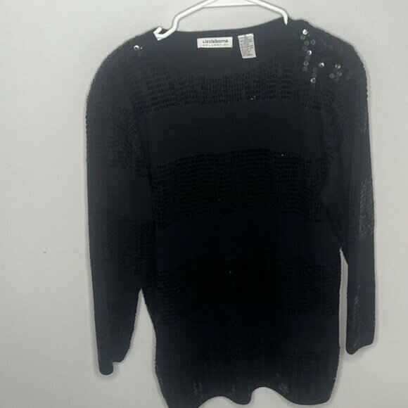 Liz Claiborne Sequin Long Black Wool Blend Sweater Womens Small - Picture 1 of 10